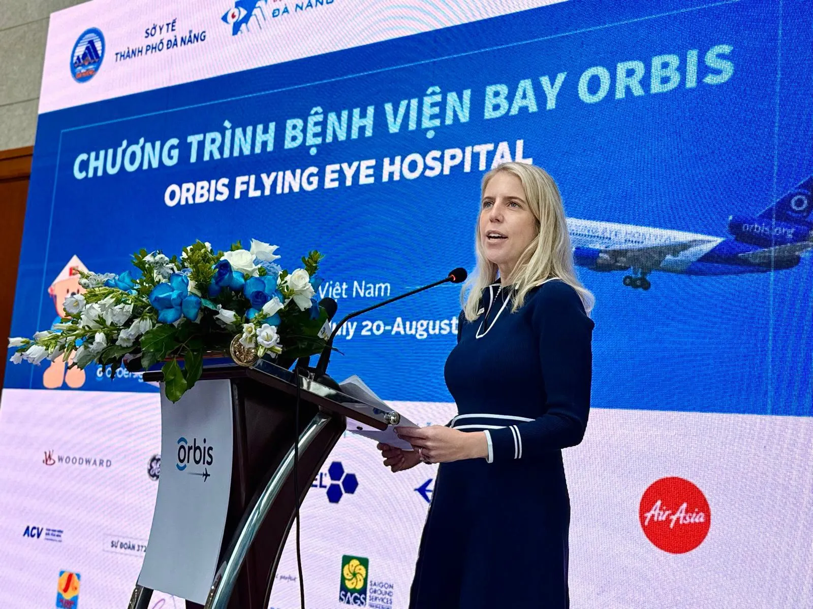 Kathleen Sherwin, President and Chief Executive Officer of Orbis International, speaking at the Orbis Flying Eye Hospital programme in Da Nang